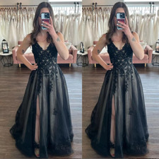 Gothic Black Wedding Dresses V Neck With Side Split Lace Appliques Bridal Gowns