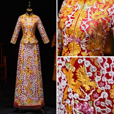 Elegant Tassel Cheongsam Dragon Chinese Style Gold Wedding Dress Marriage Set