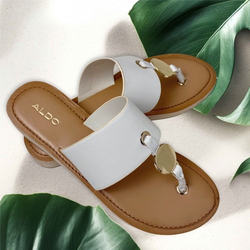Aldo Summer T Strap White And Gold Disk Flat Sandal Size 6.5 - Picture 5 of 7