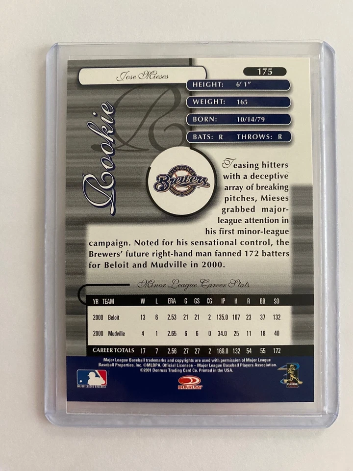 2001 Donruss Elite JOSE MIESES RC #'d 0894/1000 BREWERS Legacy Rookie - Image 2 of 2