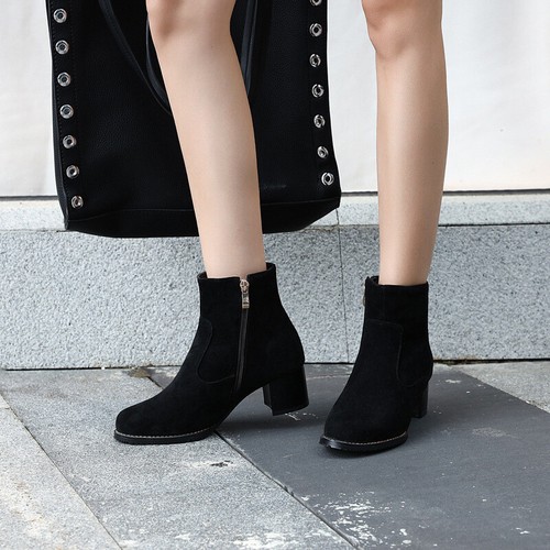 US Damen-Stiefeletten volle Größe Brogue Kunst-Wildleder klobiger Blockabsatz Reißverschluss Schuhe - Bild 6 von 11
