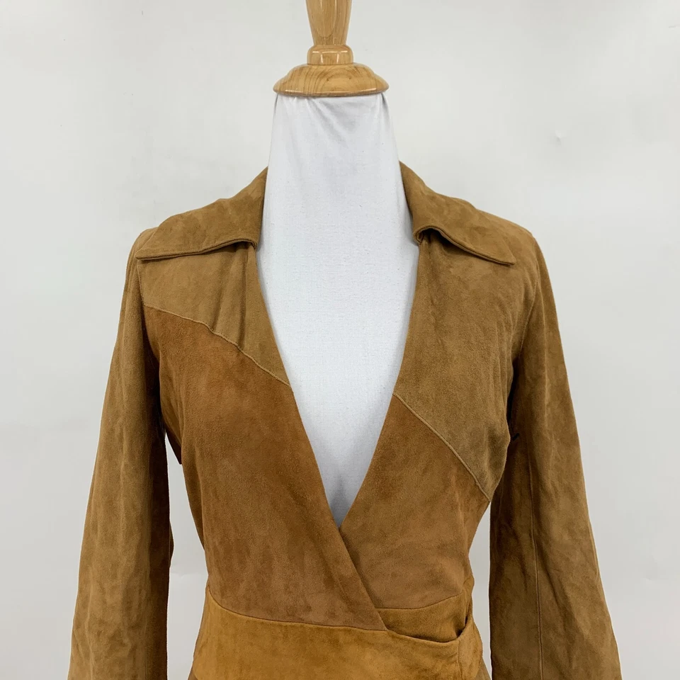 Diane Von Furstenberg Goat Suede Wrap Dress Womens 0 Brown Low Cut Tie Waist NEW - Image 3 of 4