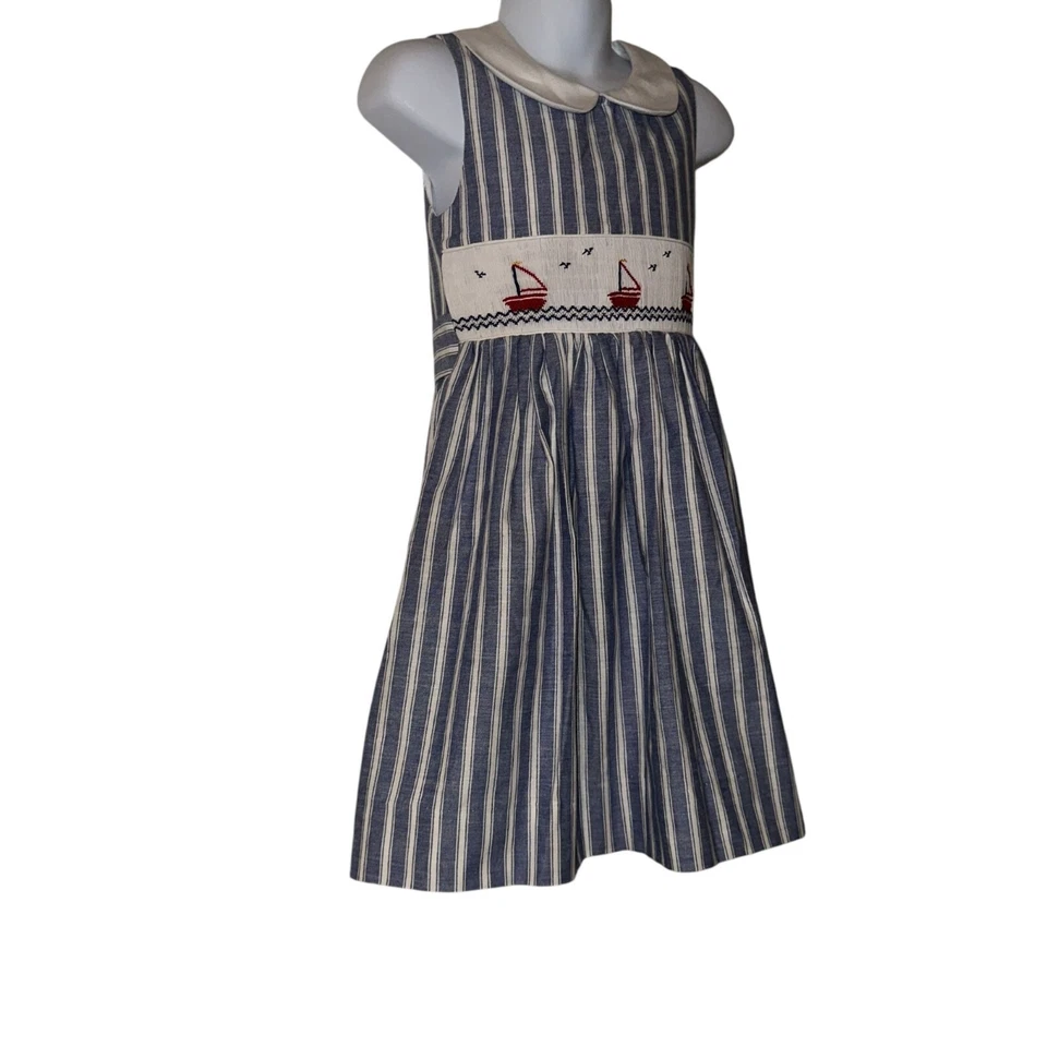 Vintage Vive La Fete Sailor Dress Toddler Girls 4T Smocked Sailboat Sleeveless - Image 4 of 4