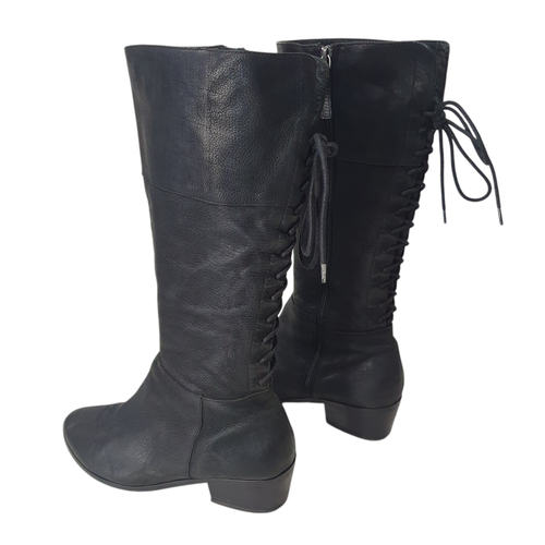 Wittner Size 42 Black Waxy Creased Leather Almond Toe Lace Up Back Knee Hi Boots - Picture 6 of 12