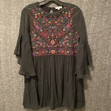 Umgee Dress Womens Small Floral Mini Embroidered Boho Babydoll Bell Sleeve Tunic