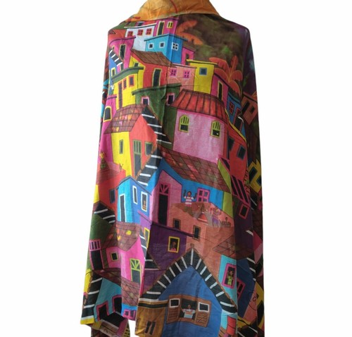 Edy Rio Bright Colorful Town Houses People 65"X44" Scarf Shawl Home Wall Decor - Picture 3 of 10