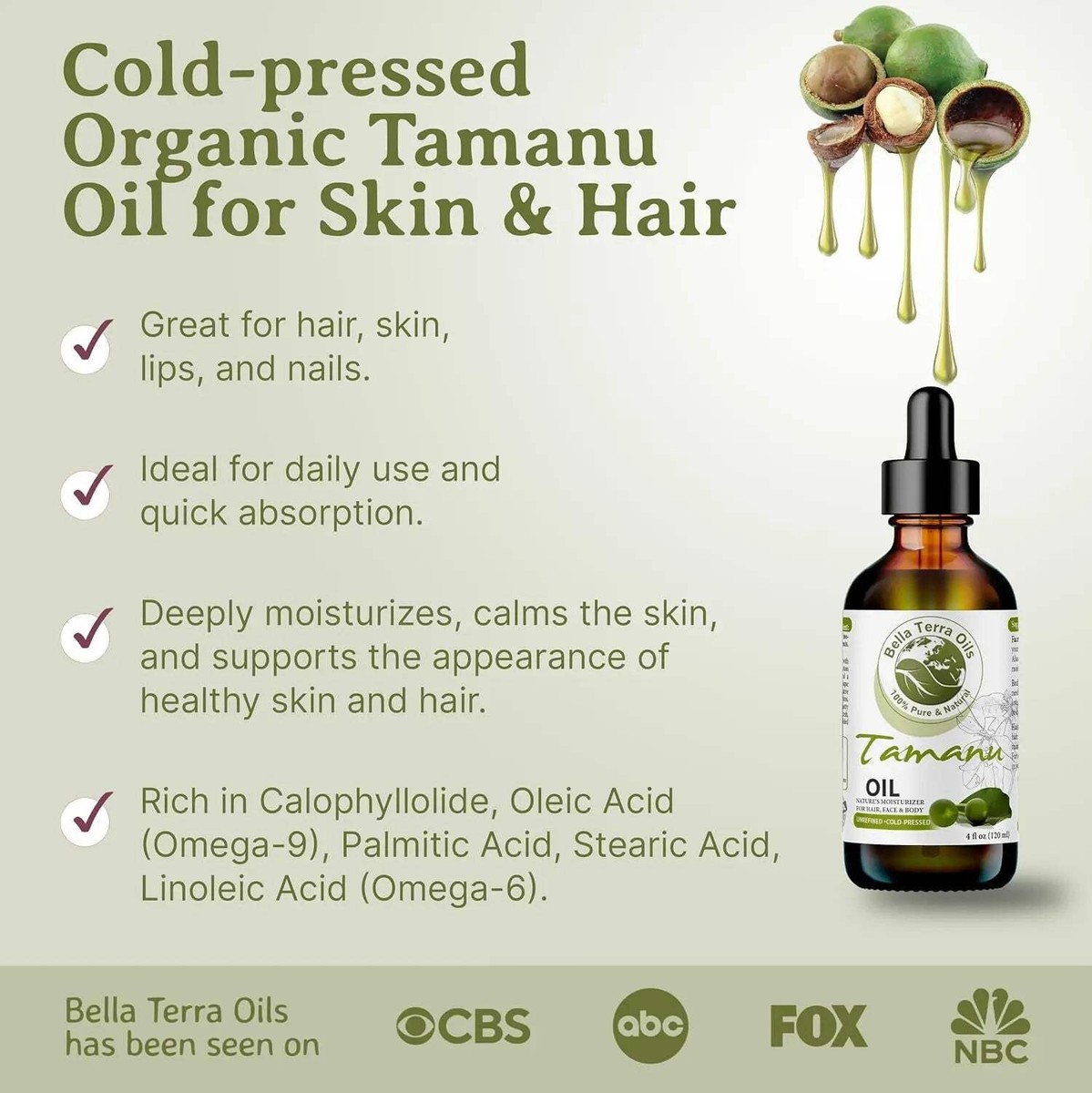 Natural Tamanu Oil - 16oz | Premium Grade, Cold-Pressed Oil for