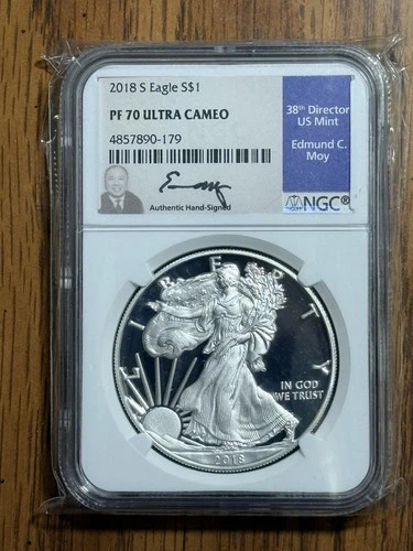 2018 S Proof American Silver Eagle S $1 Coin NGC PF70 Ultra Cameo, Moy, PG$270