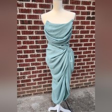 PrettyLittleThing Green Asymmetrical Ruched Gown