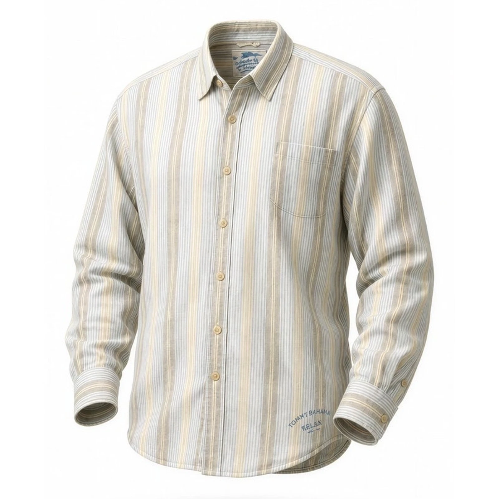 Tommy Bahama Shirt Mens 2XL Beige Striped Button-Up Long Sleeve Pocket