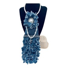 Blue Denim Women's Neck Tie with Decorative Brooch and Rhinestone Accents