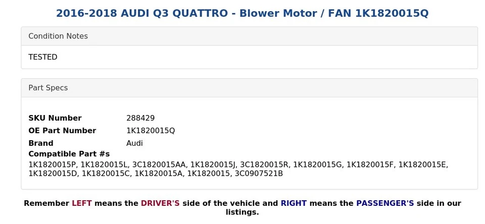 AUDI Q3 QUATTRO 2016-2018 - motor soplador / ventilador 1K1820015Q Foto 4 de 4