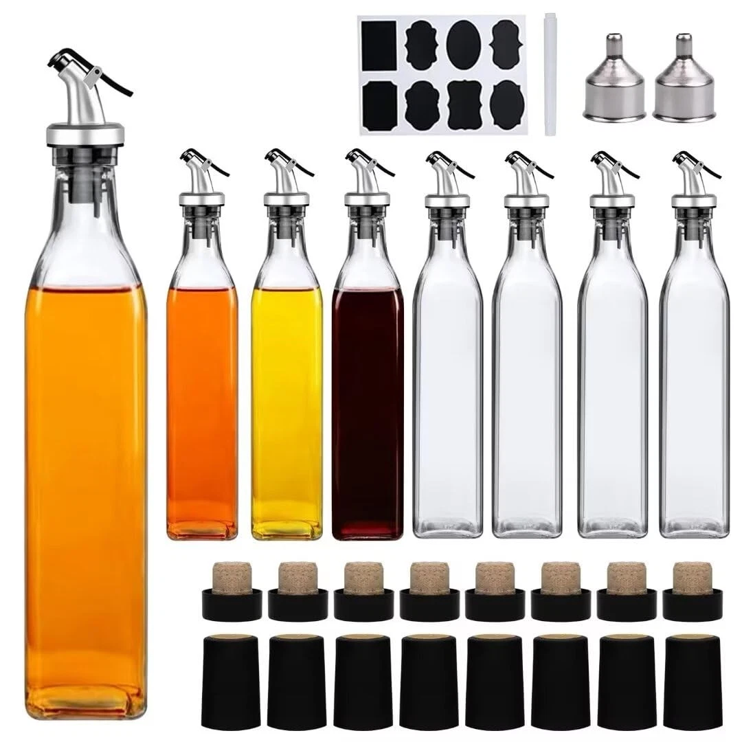 8 Pack 17oz Olive Oil Dispenser Bottle, Clear Cruet, Pourers, Corks, Vinegar