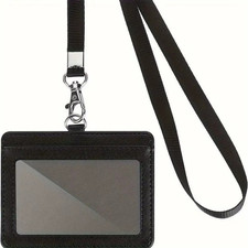 PU Leather Vertical Badge Holder with Lanyard ID Card Holder for Men Women