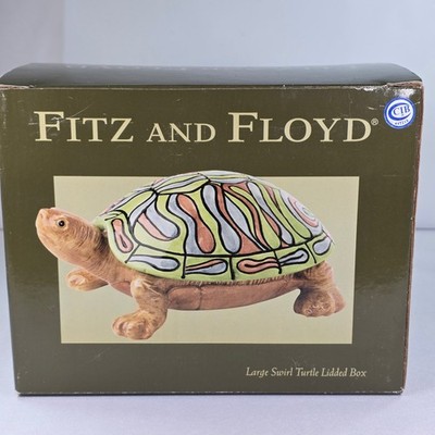 New Vtg Fitz and Floyd Large Swirl Turtle Lidded Ceramic Trinket Dish Figurine
