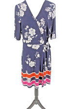 VINCE CAMUTO Wrap Dress SIZE 14 Navy White Floral/Pink Orange Stripe EXCELLENT