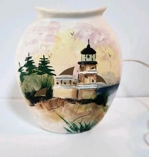 Vintage Ceramic Vase Lamp With Hand Painted Lighthouse Signed by Artist Jost 