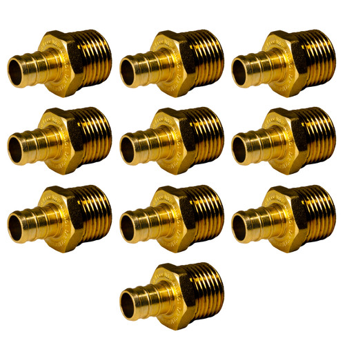 10 Pack XFITTING 1/2" Pex B Male Adapter, Lead Free Brass, Pex Barb Crimp, MNPT