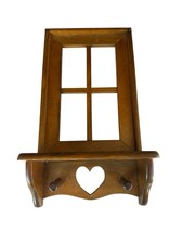 Vintage Wood Window Wall Shelf with Heart Cutout and Wood Pegs