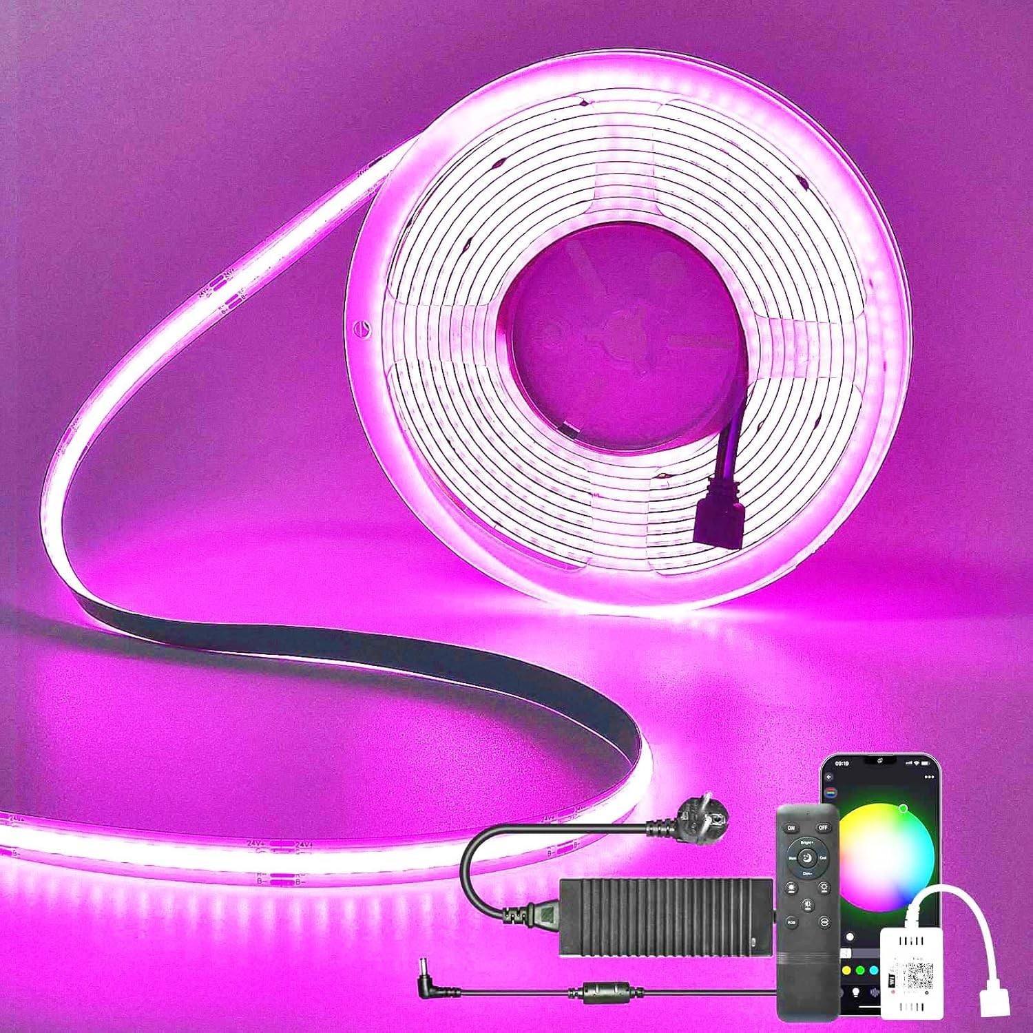 Ruban LED COB RGB 10M 24V connecté Wifi pour éclairage de chambre 576 led par mètre
