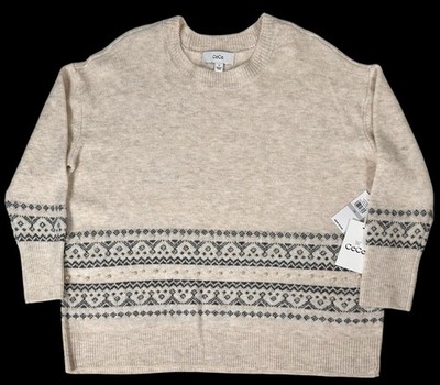 New CeCe Womens Plus 1X Fair Isle Oatmeal Sweater Faux Pearls Beads Holiday NWT