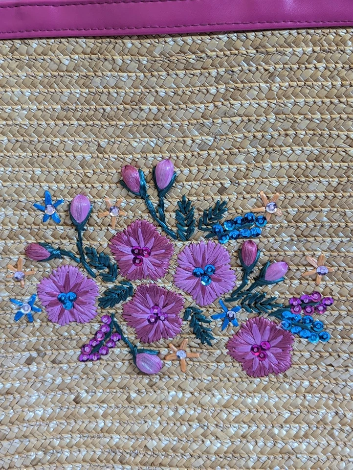 Bolso de Hombro Paja de Trigo Playa Picnic Primavera Rosa Floral Lentejuelas Cartera Ciervo Blanco Foto 3 de 4