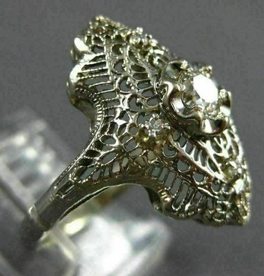ANTIQUE WIDE .36CT OLD MINE DIAMOND 14KT WHITE GOLD 3D OPEN FILIGREE OVAL RING