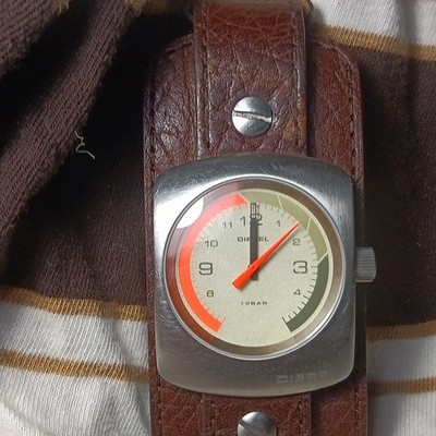 Diesel Quartz Analog Rectangle Watch Brown Leather Strap Silver Case 100m