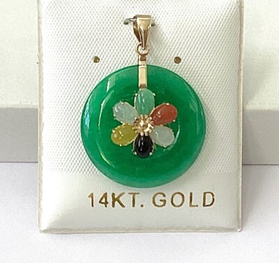 Massive 14K Gelbgold grüne Jade & bunte Jade Blume Anhänger NEU