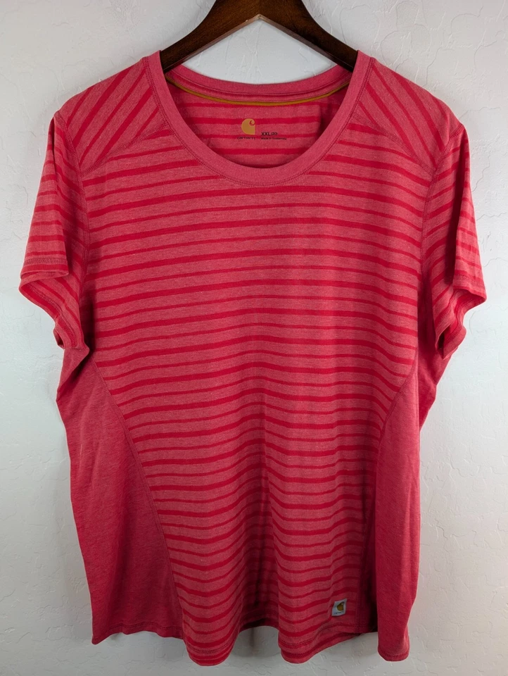 Carhartt T-Shirt Women's XXL (20) Salmon Striped Short Sleeve Force T-Shirt - Image 2 of 4