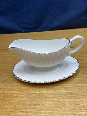 Royal Worcester ''Engagement'' Platinum Trim Gravy Boat w/Attached Underplate