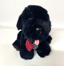 1985 Dakin Puppy Dog Black Plush Pink Tongue Stuffed Toy Blue Tag 10" red ribbon