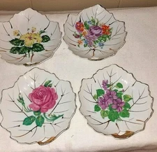 Dish Plate Bowl Set Of 4 Viceroy China Gold Trim Floral Leaf Shape Multicolor