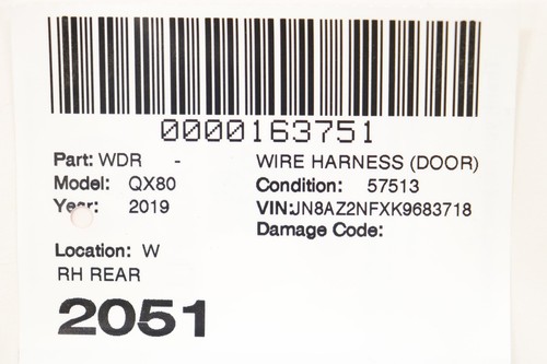 2015 - 2019 INFINITI QX80 REAR RIGHT SIDE DOOR WIRE WIRING HARNESS OEM 5ZM0A - Picture 13 of 13