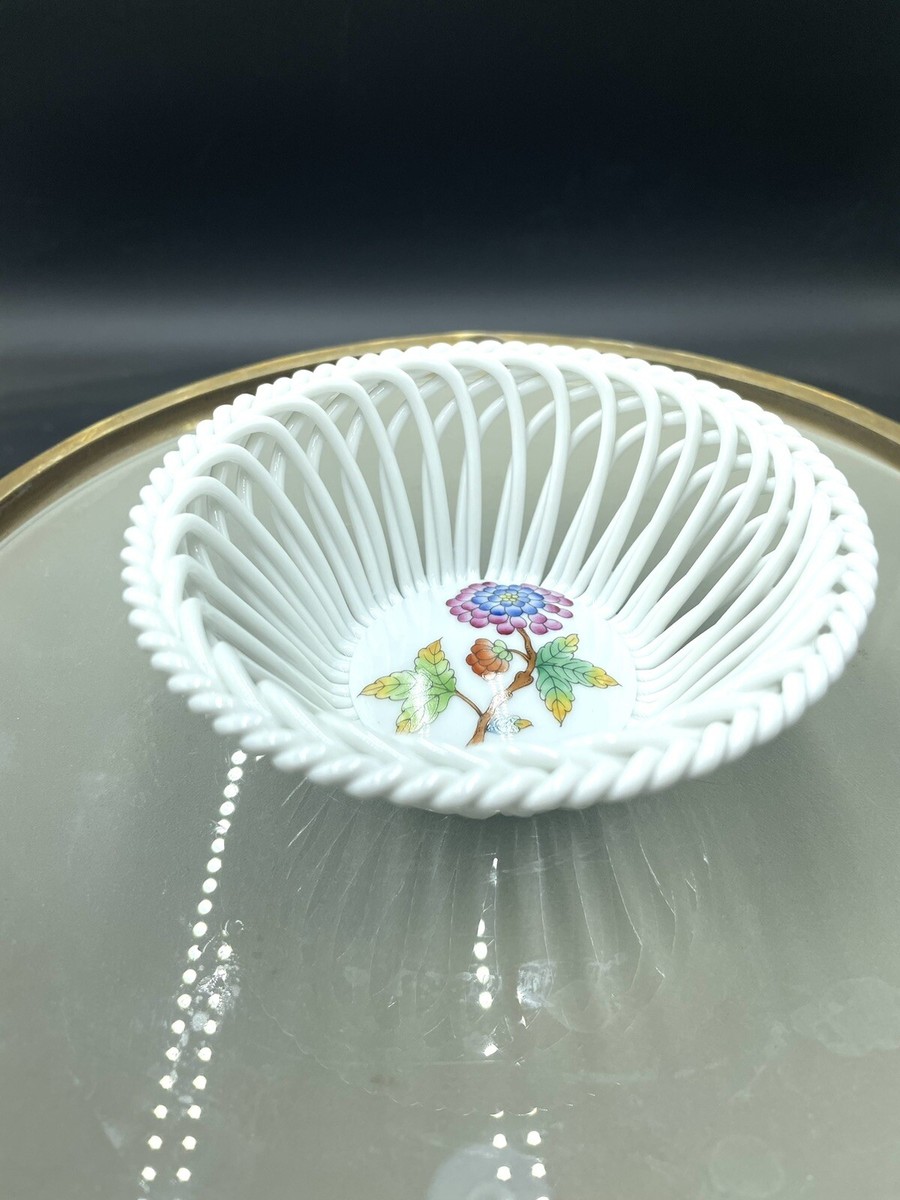 Vintage Herend Porcelain 4.5” Hand Painted Open Weave Basket