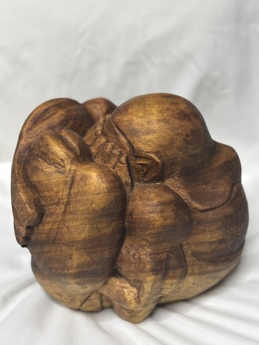 VTG Wood Carved WEEPING BUDDHA YOGI Man Meditative Ball Sculpture 7in X 9in EUC - Picture 15 of 21
