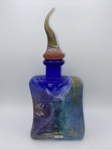 New Kjell Engman Kosta Boda Glass Joyous Bottle Decanter Stopper 89651 Blue VTG