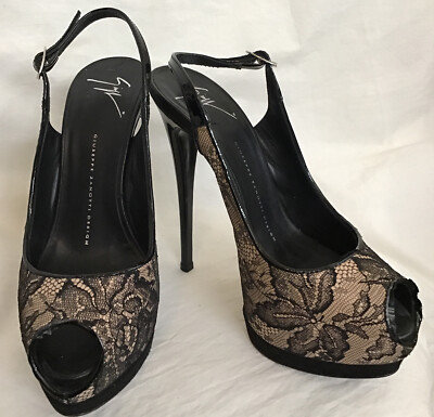 Giuseppe Zanotti Peep Toe Slingback Platform Pump Black Lace Over