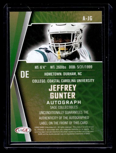 2021 SAGE #A-JG Jeffrey Gunter Black Autograph Mint - Picture 2 of 2