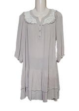KORI AMERICA khaki beige tan tunic flowey dress lace boho ruffle country size L