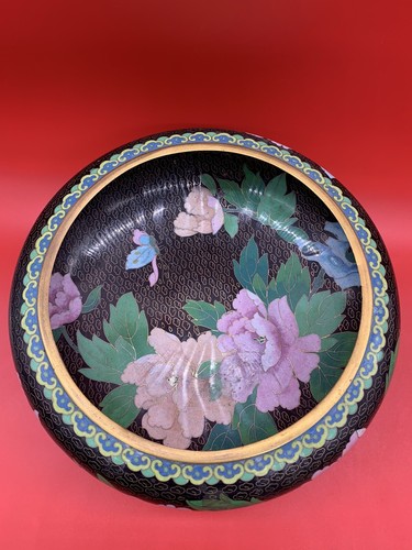 Vintage Chinese Cloisonné Champlevé Floral Bowl With Wooden Stand Beautiful 9”