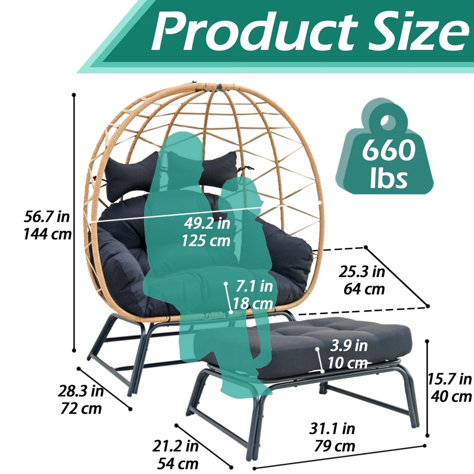 VIXLON Wicker Egg Chair w/ Ottoman Outdoor Indoor Oversized Lounger Stand Chair - Image 4 of 4