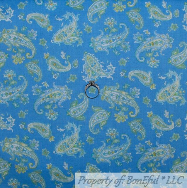 BonEful Fabric FQ Cotton Quilt Blue Aqua Teal L Paisley Flower Retro Shabby Chic