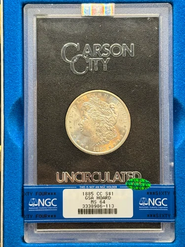1885 CC Morgan Silver Dollar GSA Hoard box + COA NGC MS64 w/ CAC Green Bean
