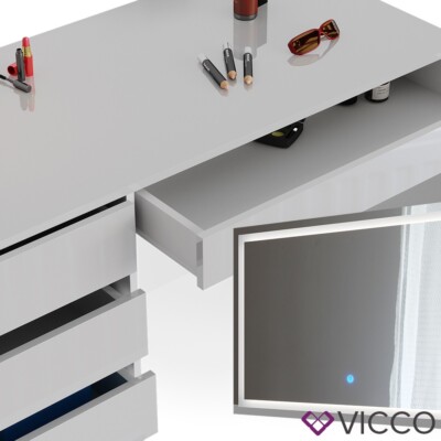 Vicco Coiffeuse Sherry, Blanc, 120cm avec éclairage LED, tabouret et étagère miroir, pour l'organisation des cosmétiques et accessoires