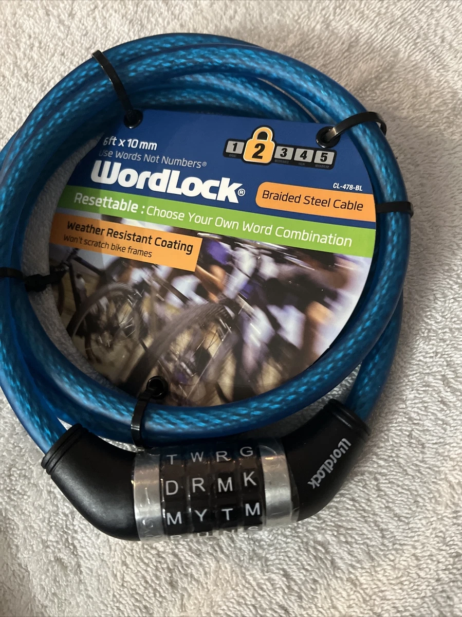 BRAND NEW WordLock Flexible Steel Cable Bike Lock Resettable Blue 6ft 10mm