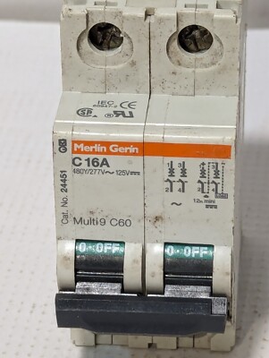 Merlin Gerin 24451 Circuit Breaker, 16A, Multi9 C60, 480Y/277v~125vdc, 2-Pole