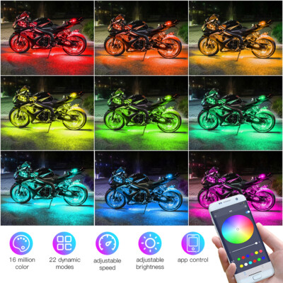 16PCS Motorcycle RGB LED Strip Light Under Glow Neon Kit Bluetooth APP Control