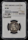 1853/4 Overdate Seated Liberty Quarter 25c Arrows & Rays NGC VF30