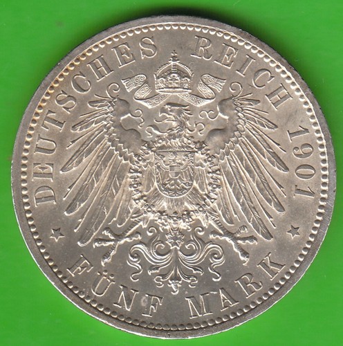Coin Mark Silver Prussia 5 Mark 1901, 200 Years Kingdom of Leipzig - Picture 2 of 3